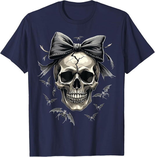 Coquette Skull with Bow and Bats Spooky Halloween T-Shirt - T-Shirt | Navy