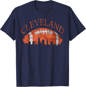 Vintage Downtown Cleveland Ohio Skyline Football Gift T-Shirt - T-Shirt | Navy