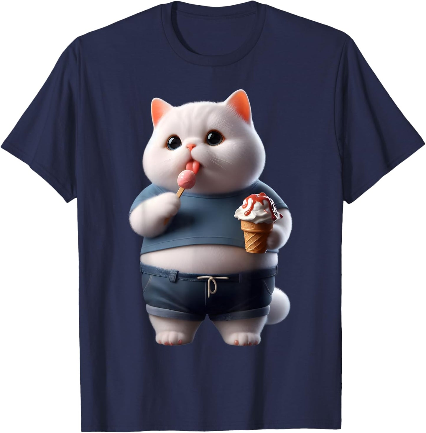 Funny Fat Cat Men Women Kids Ice Cream Fat Kitten Cat Lover T-Shirt - T-Shirt | Navy