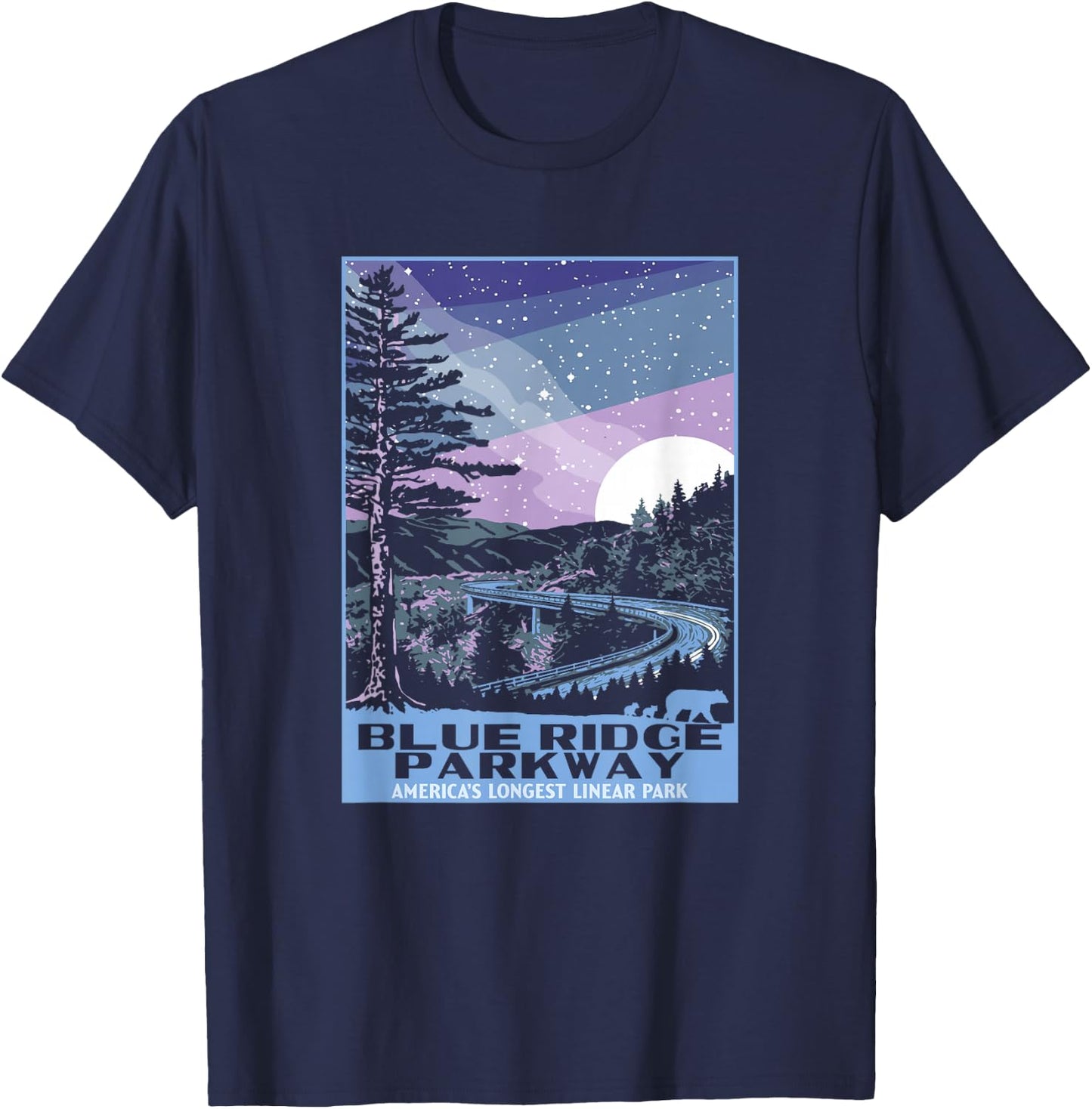 Blue Ridge Parkway at Night WPA Style Vintage Stars & Moon T-Shirt - T-Shirt | Navy