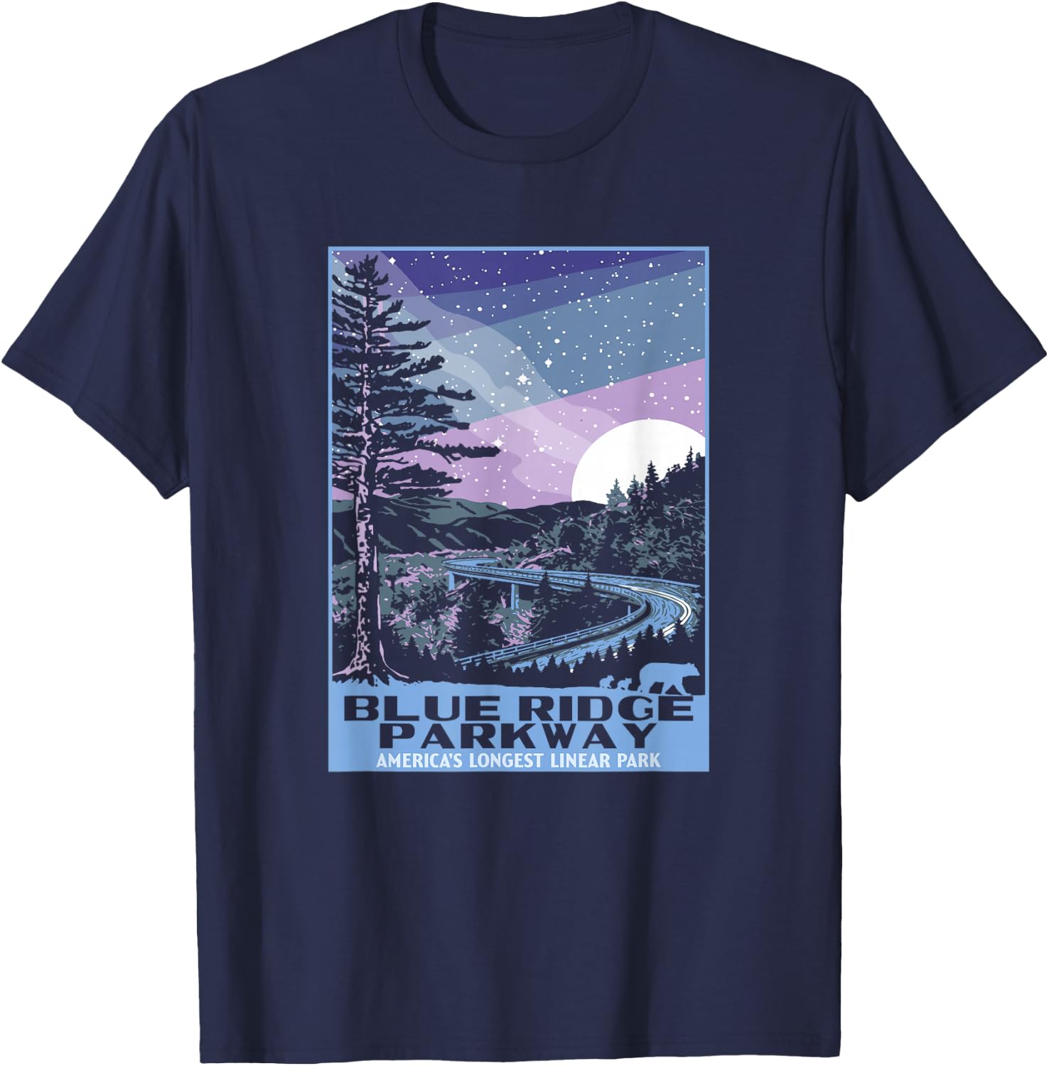 Blue Ridge Parkway at Night WPA Style Vintage Stars & Moon T-Shirt - T-Shirt | Navy