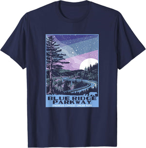 Blue Ridge Parkway at Night WPA Style Vintage Stars & Moon T-Shirt - T-Shirt | Navy