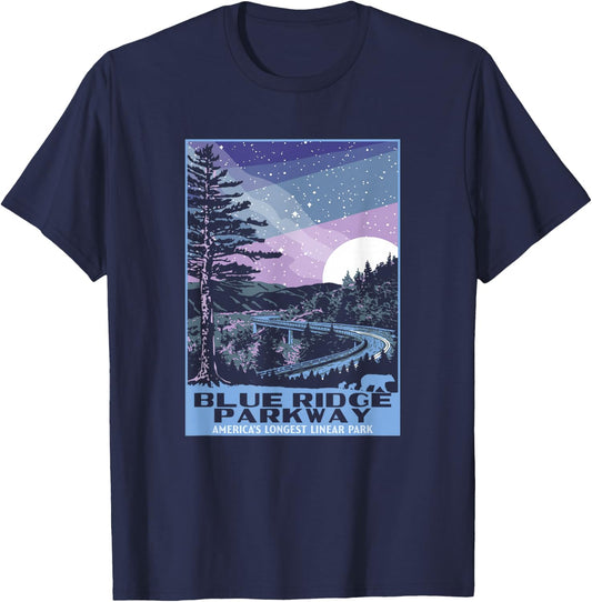 Blue Ridge Parkway at Night WPA Style Vintage Stars & Moon T-Shirt - T-Shirt | Navy