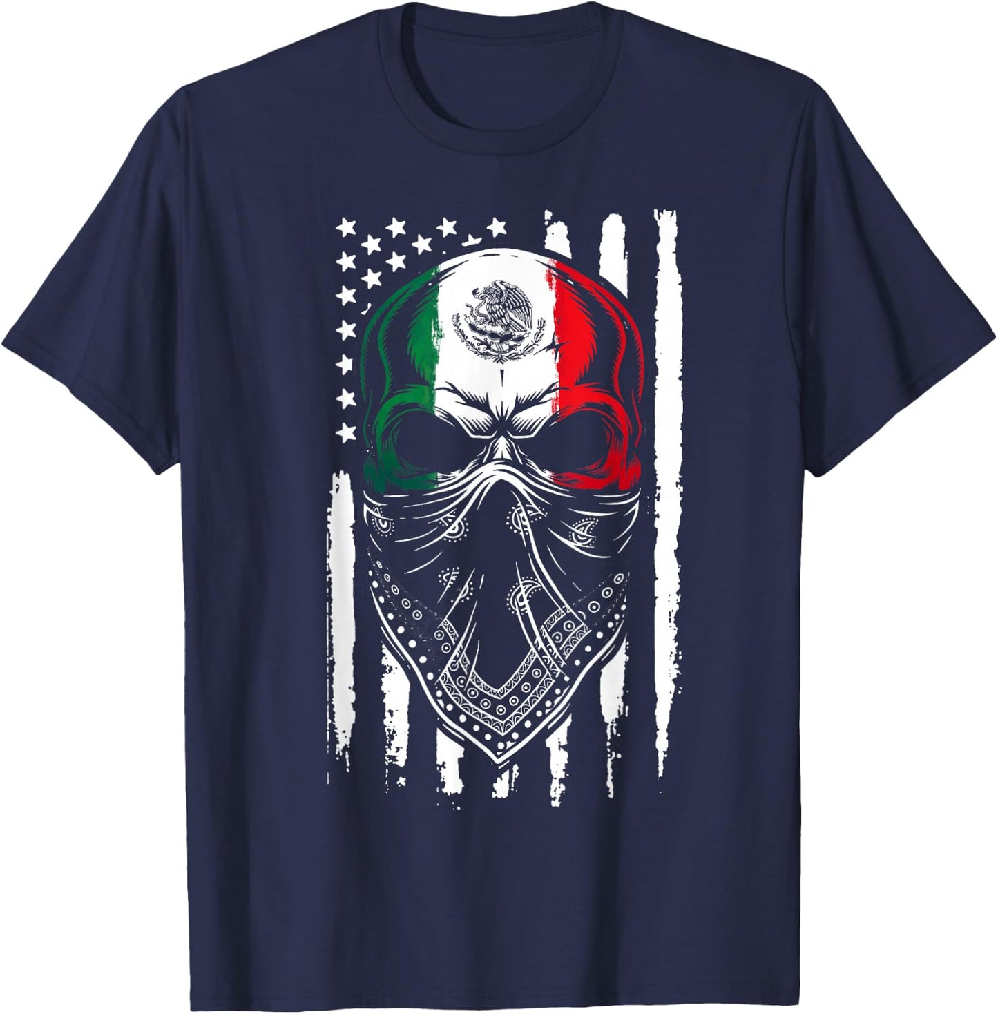 Skull Patriotic Mexican American Aztec Day of The Dead T-Shirt - T-Shirt | Navy