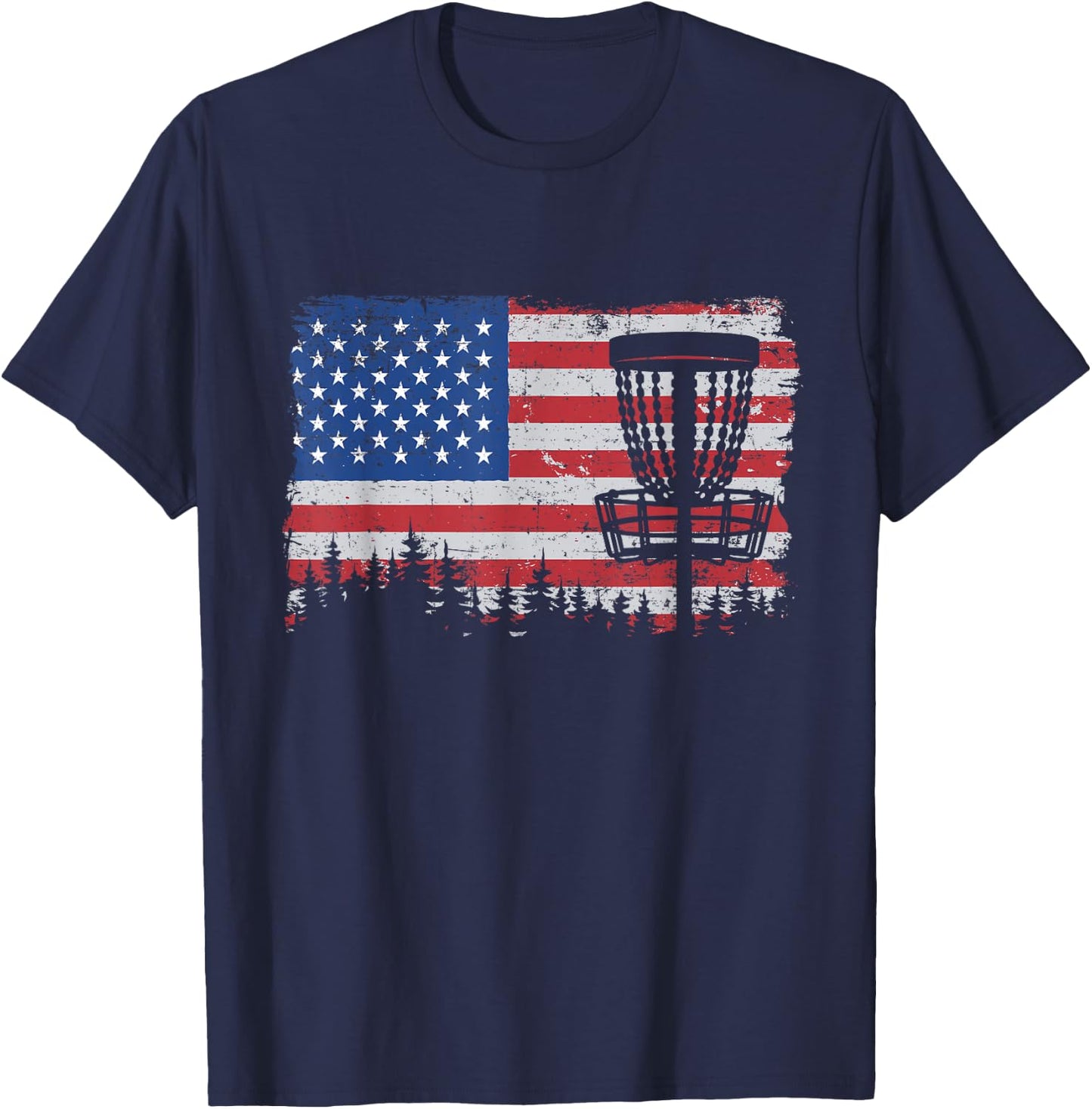 US American Flag Disc Golf Basket Frisbee Vintage Disc Golf T-Shirt - T-Shirt | Navy
