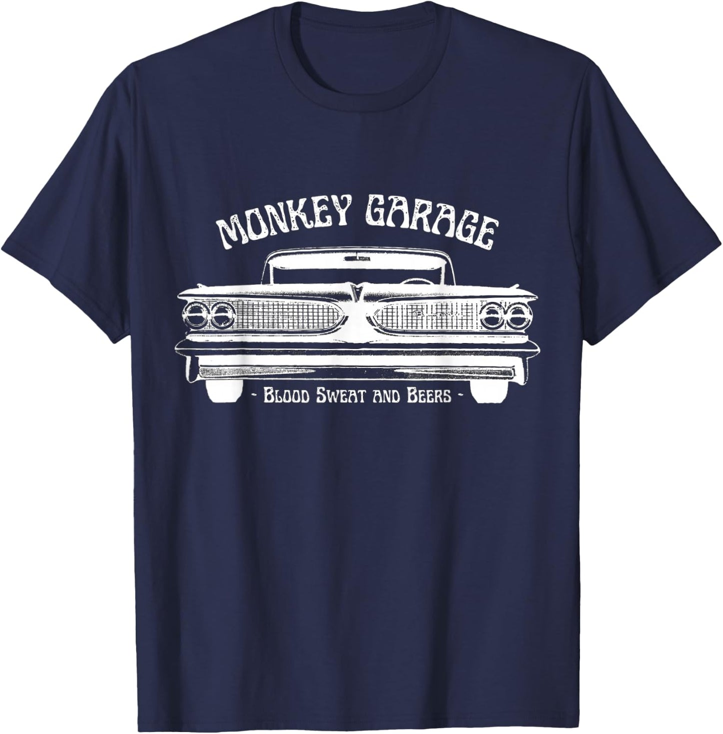 Monkey Garage: Gas Station: Blood Sweat and Beers T-Shirt - T-Shirt | Navy