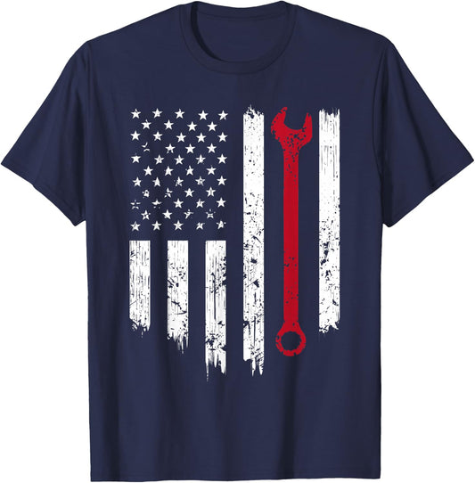 Funny Vintage Mechanic Distressed American Flag Gift Small T-Shirt - T-Shirt | Navy