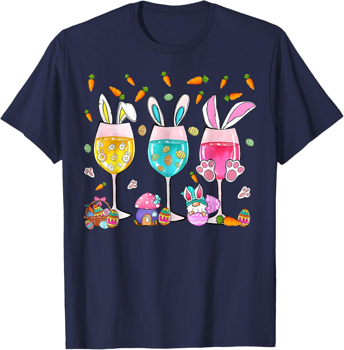 Funny Wine Glasses Bunny with Egg Basket Spring Easter Women T-Shirt - T-Shirt | Navy