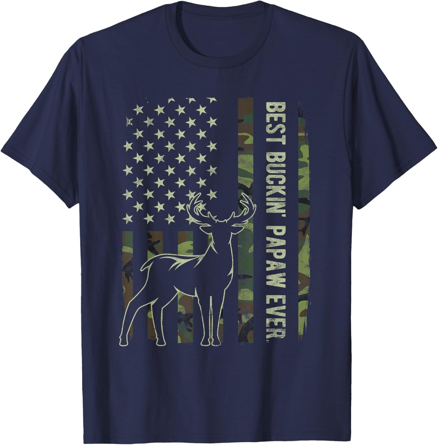 Best Buckin' Papaw Camo American Flag Deer Hunting Gift T-Shirt - T-Shirt | Navy