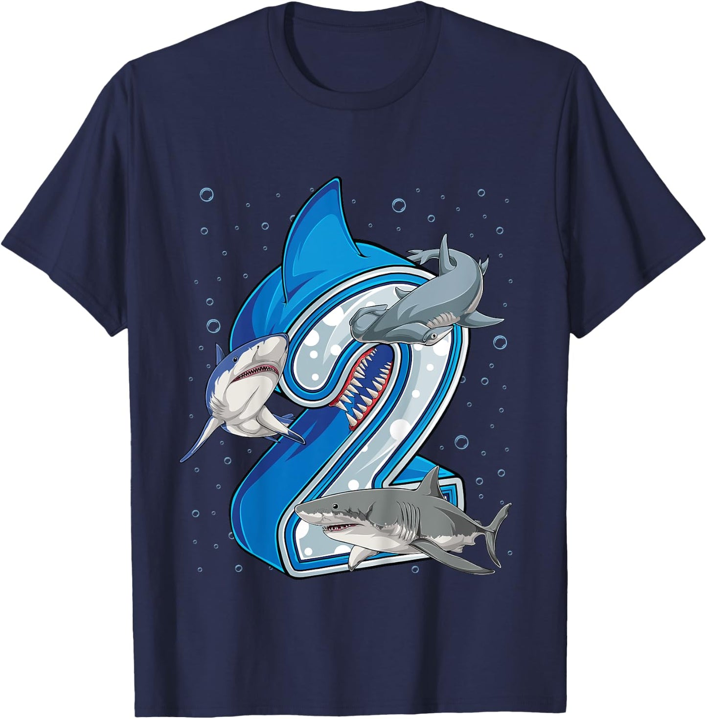 Kids 2nd Birthday Boys Shark 2 years Old Ocean Shark B-day T-Shirt - T-Shirt | Navy