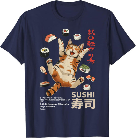 Anime-Style Sushi Cat: Harajuku Tokyo Japan Cat Cafe T-Shirt - T-Shirt | Navy