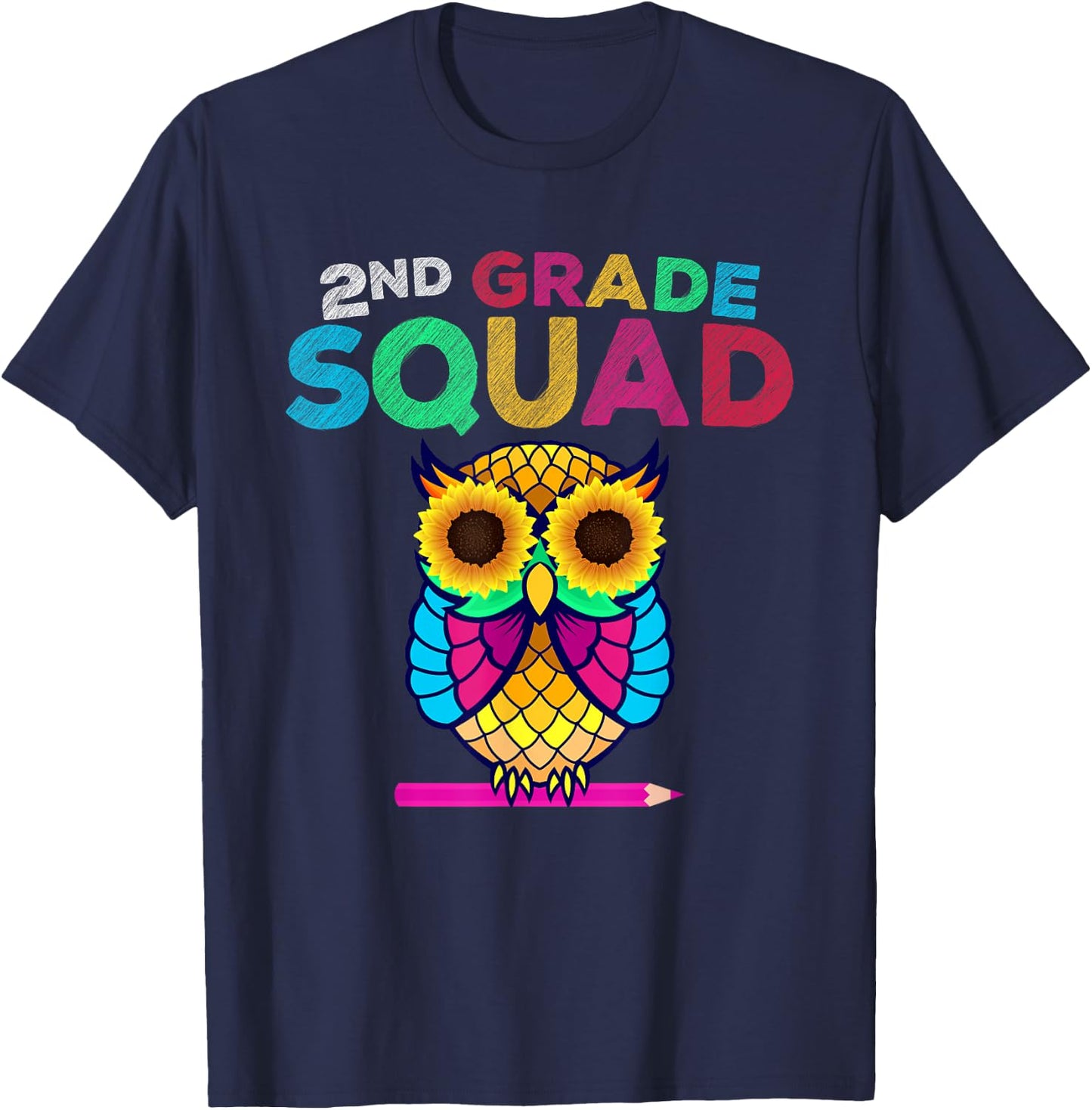 2nd Grade Squad Sunflower Owl Second Grade Teacher Men Women Kids T-Shirt - T-Shirt | Navy
