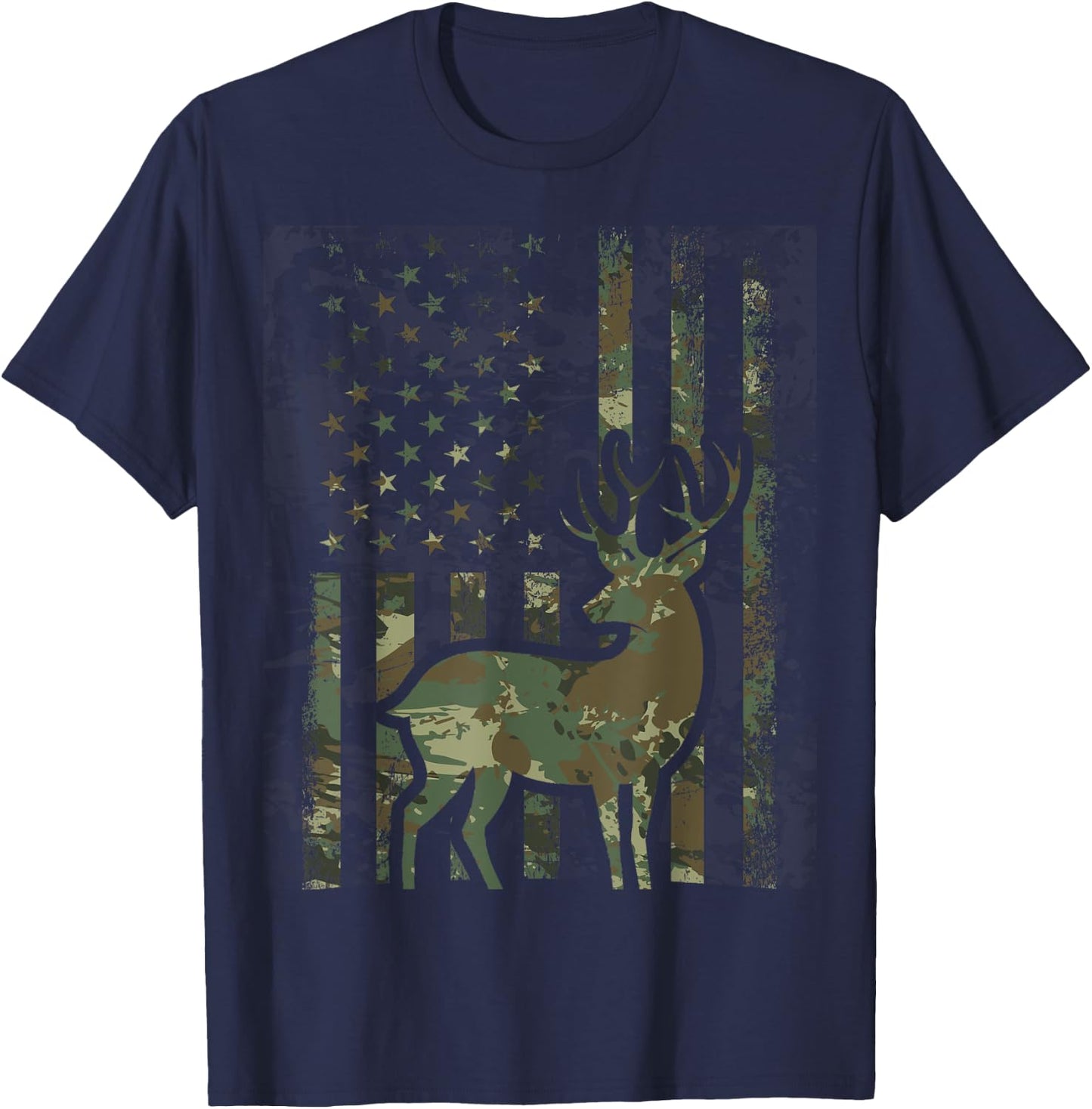 Camo American Flag Buck Hunting Gift Deer Hunter T-Shirt - T-Shirt | Navy