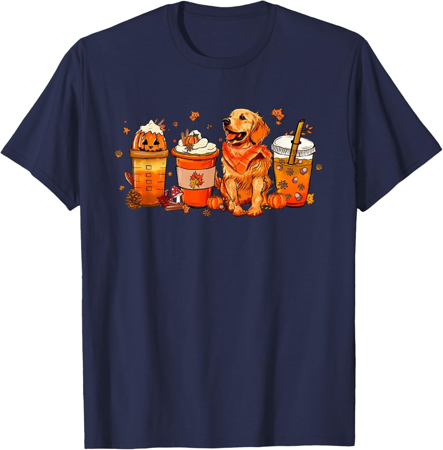 Golden Retriever Pumpkin Coffee Latte Autumn Fall T-Shirt - T-Shirt | Navy