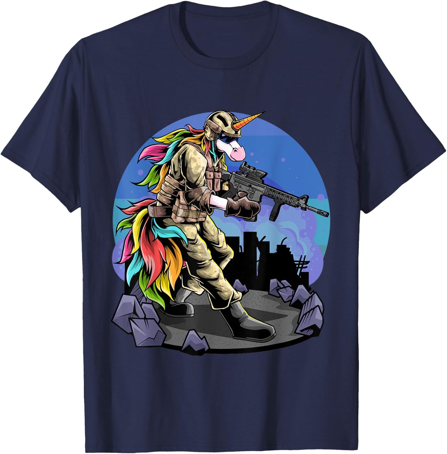 Unicorn Shooting A Gun I Unicorn Warrior I Soldier Unicorn T-Shirt - T-Shirt | Navy