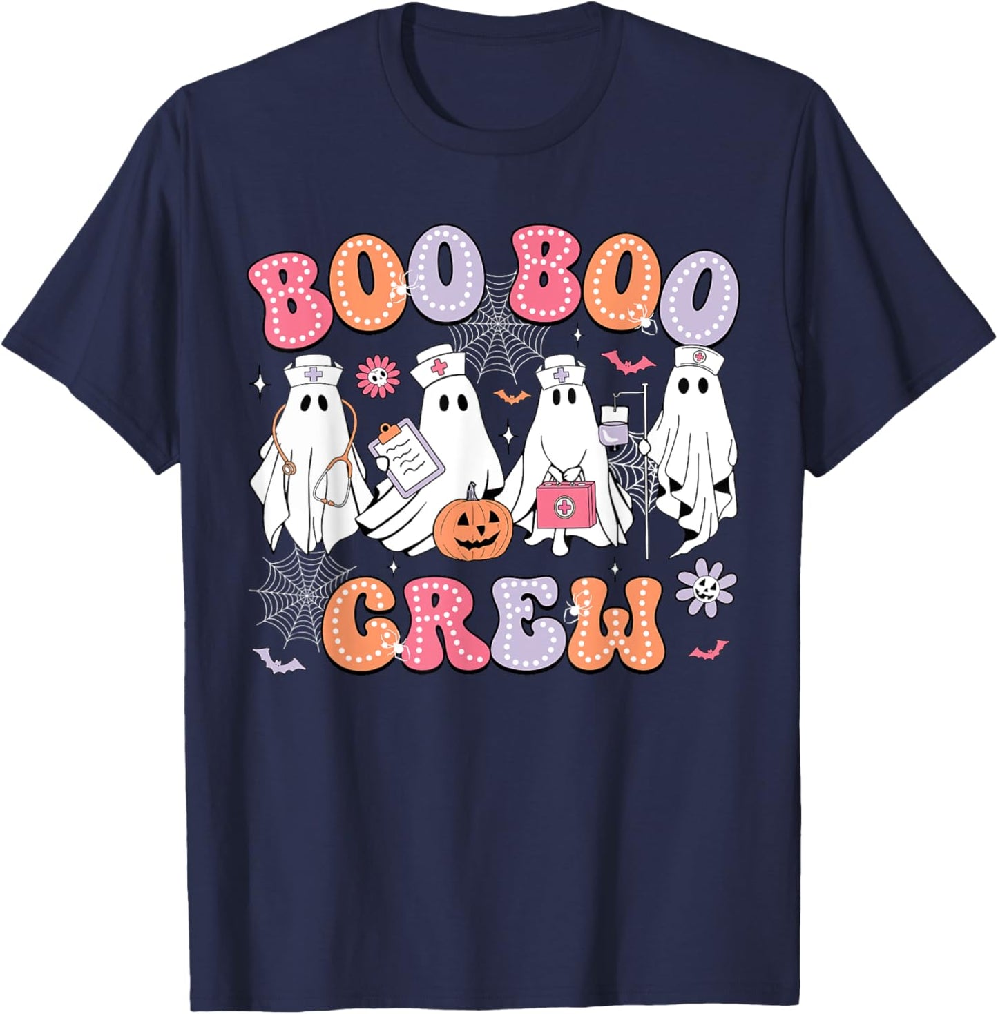 Groovy Boo Boo Crew Nurse Funny Ghost Women Halloween Nurse T-Shirt - T-Shirt | Navy