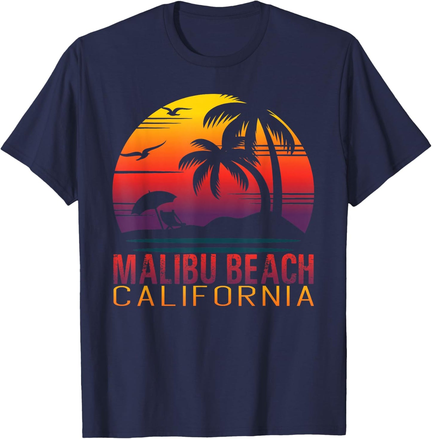 Retro Sunset Malibu Beach California Summer Vacation Gift T-Shirt - T-Shirt | Navy