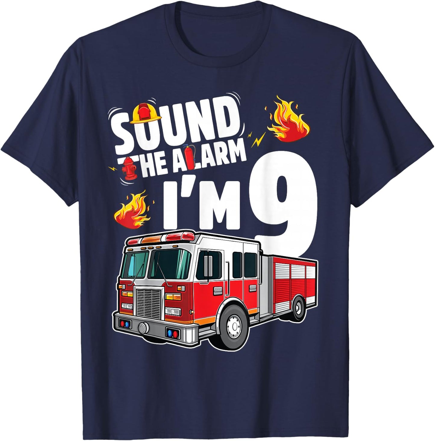 Fire Truck 9th Birthday Boy Firefighter 9 Year Old T-Shirt - T-Shirt | Navy