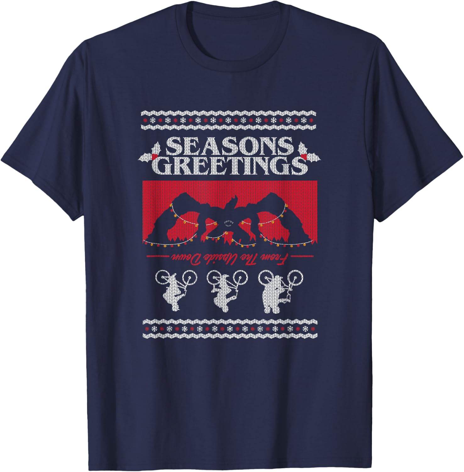 Stranger Things Christmas Seasons Greetings From Upside Down T-Shirt - T-Shirt | Navy