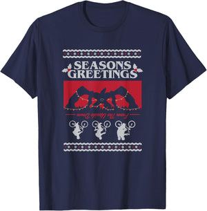 Stranger Things Christmas Seasons Greetings From Upside Down T-Shirt - T-Shirt | Navy