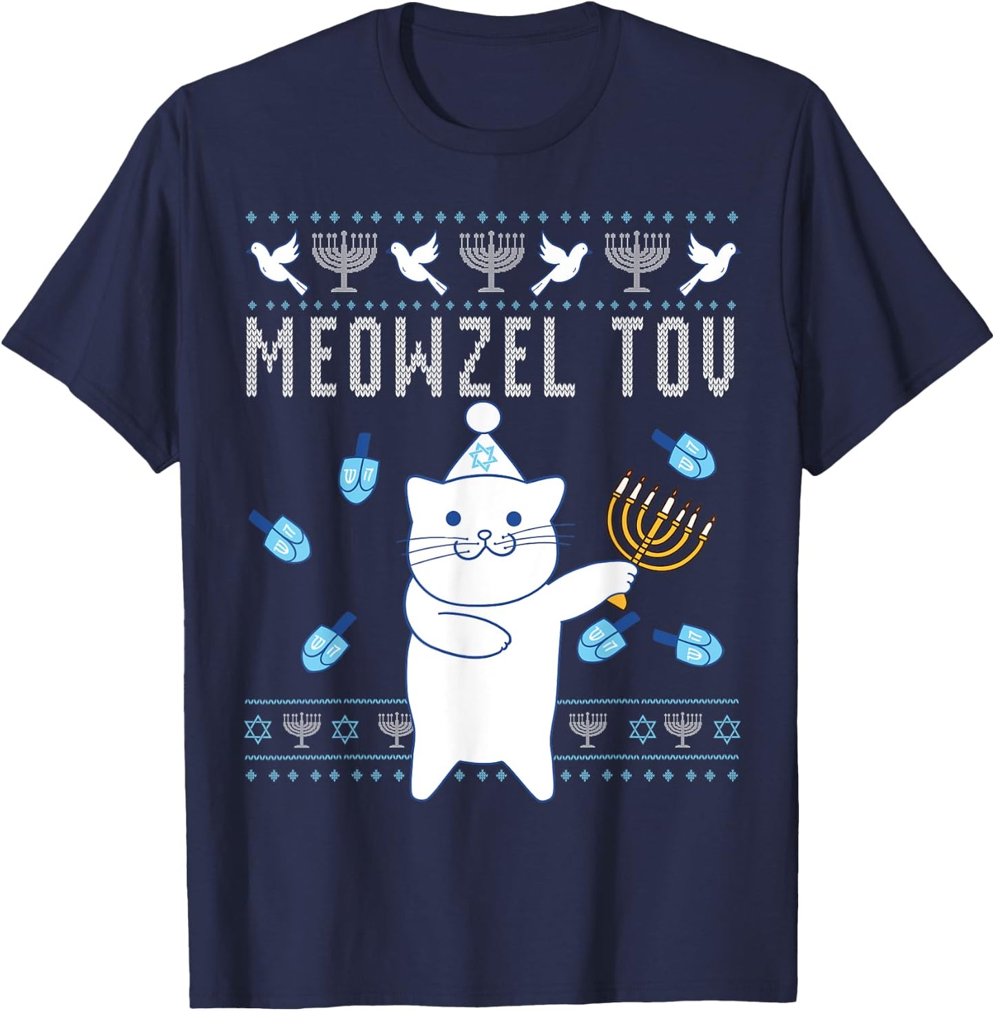 Meowzel Tov Jewish Christmas Cat Funny Ugly Hanukkah Gift Men Women Kids T-Shirt - T-Shirt | Navy