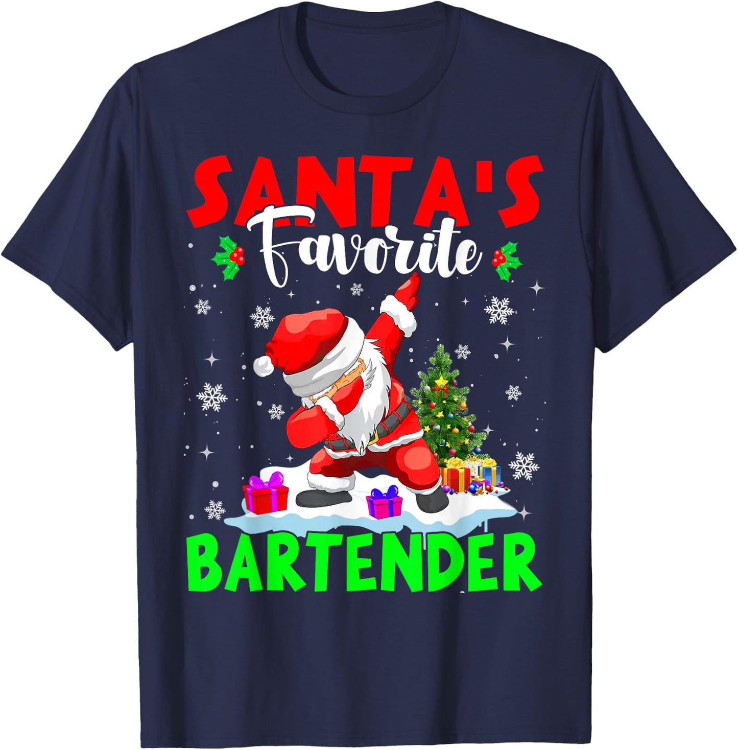 Santa's Favorite Bartender Funny Christmas Bartender Gifts T-Shirt - T-Shirt | Navy