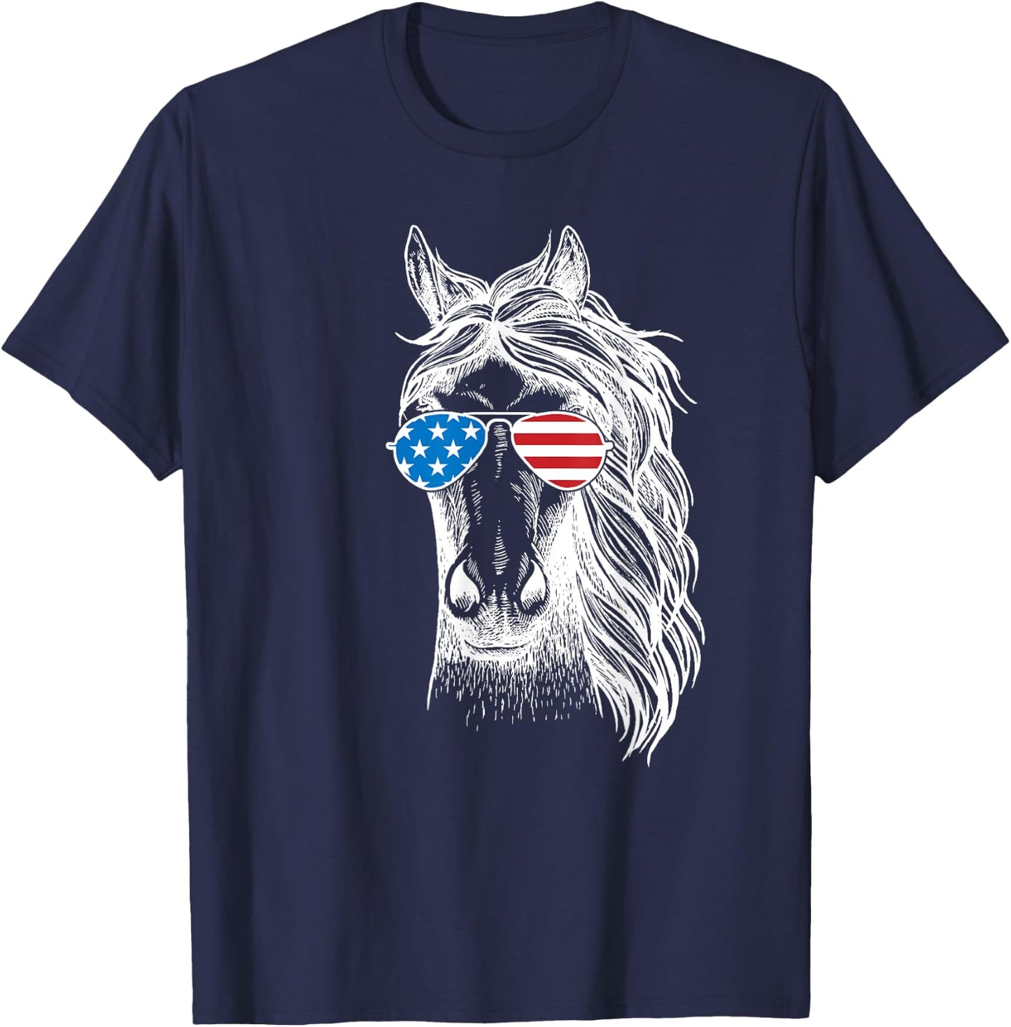 Funny Horse Patriotic USA Flag Aviator Sun Glasses Design Women Kids Men T-Shirt - T-Shirt | Navy