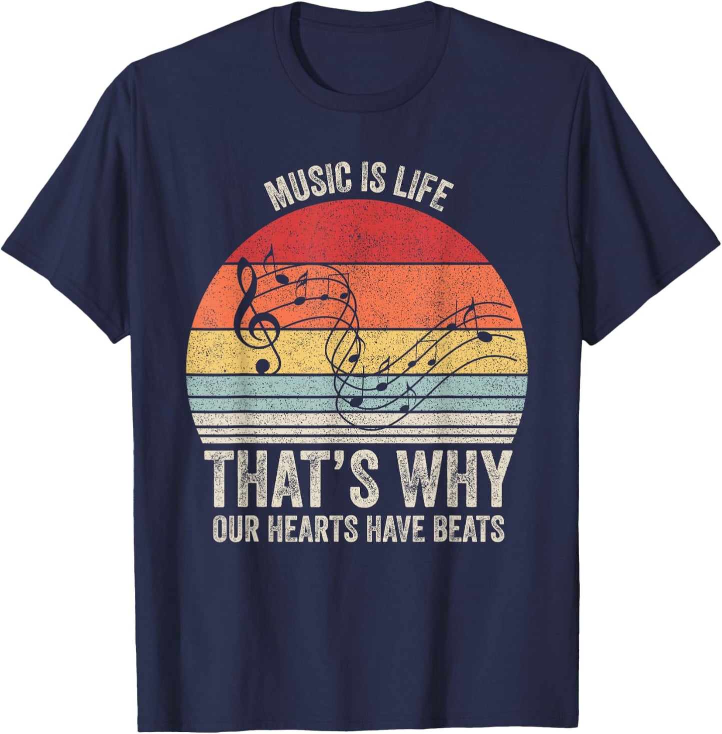 Vintage Retro Music Is Life That's Why Our Hearts Have Beats T-Shirt - T-Shirt | Navy