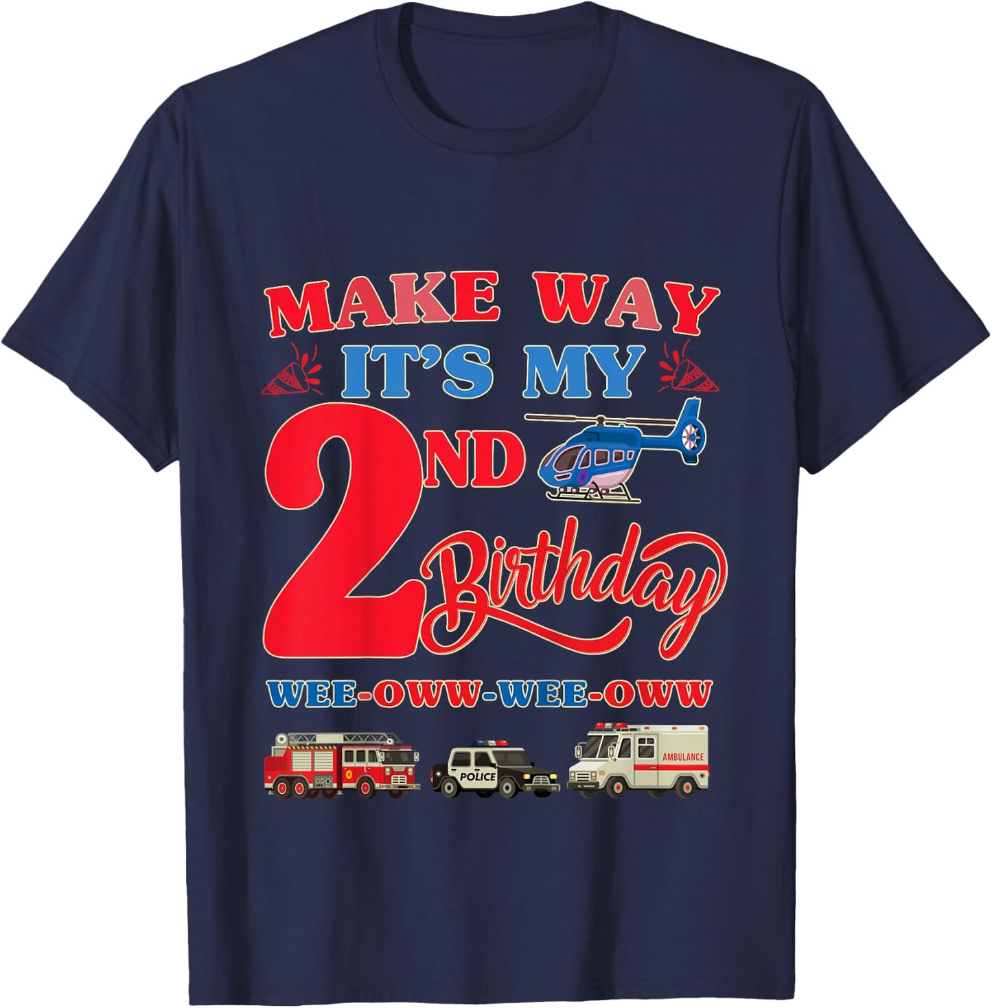 2nd birthday Rescue Vehicles Birthday theme 2 year old kids T-Shirt - T-Shirt | Navy