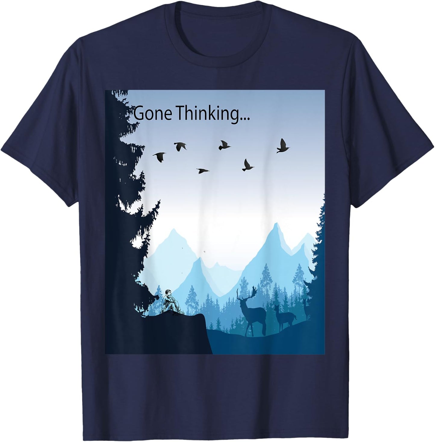 Gone Thinking... nature scene with deer T-Shirt - T-Shirt | Navy