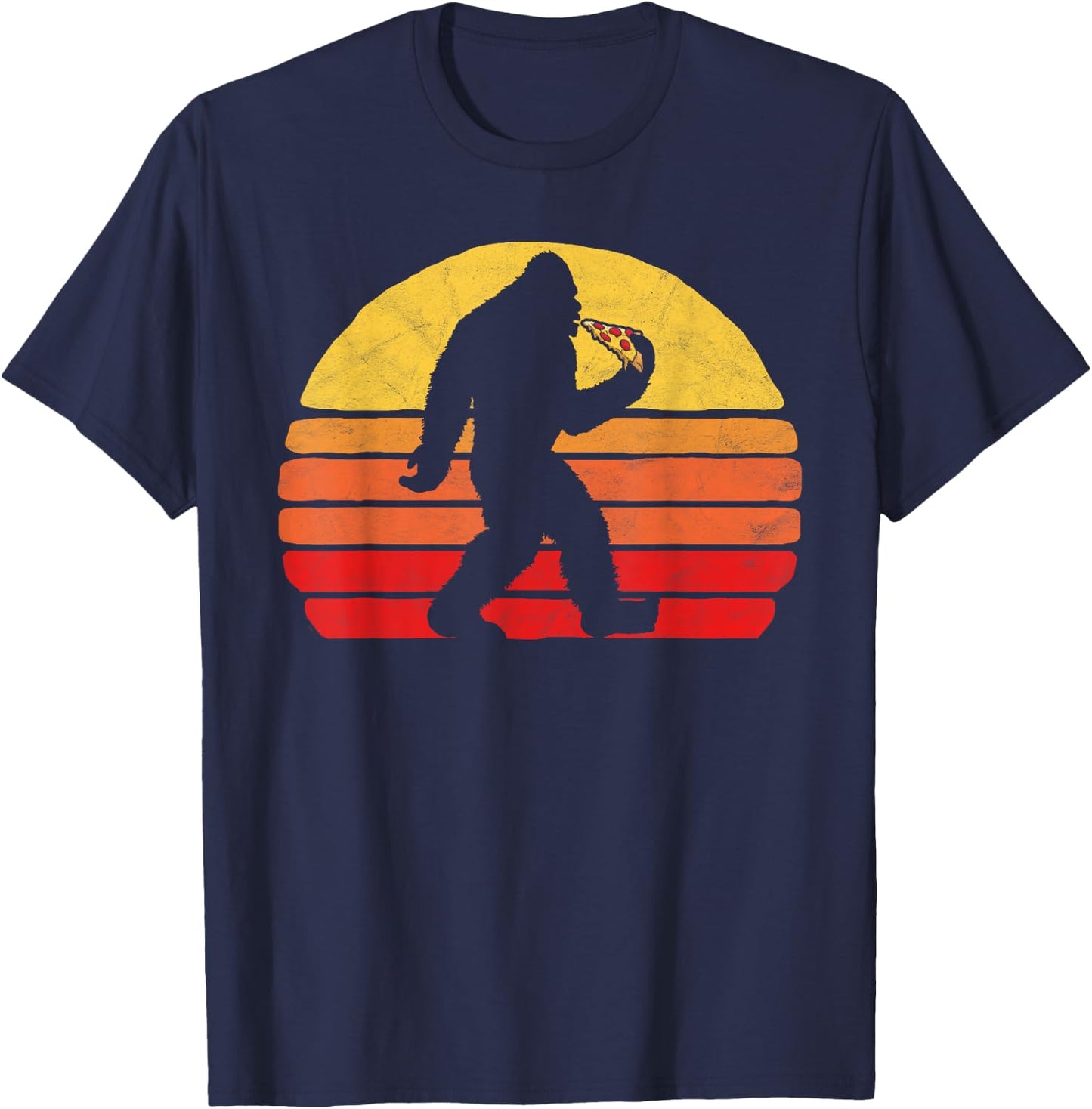 Sasquatch and Pizza! Funny Eating Bigfoot & 80s Sun Graphic T-Shirt - T-Shirt | Navy
