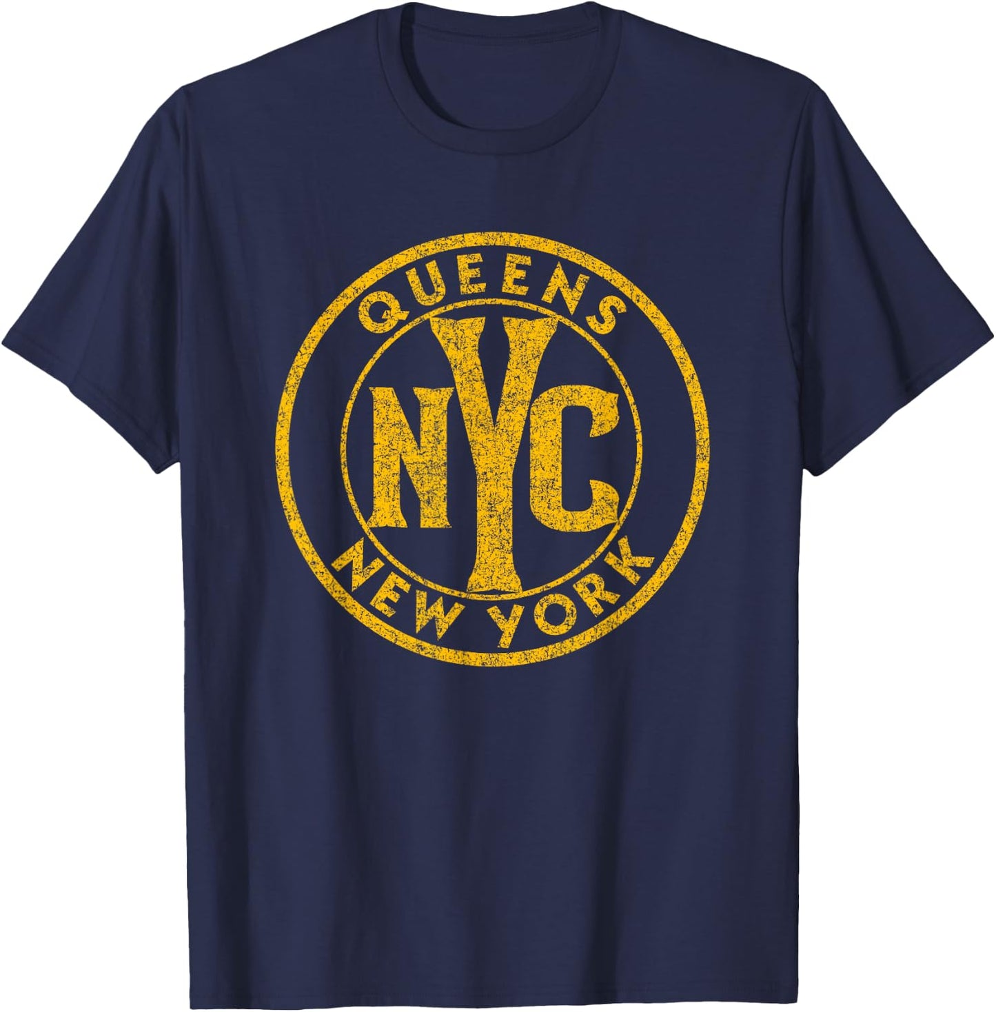 Queens New York NYC Circle Sign Distressed Amber Print T-Shirt - T-Shirt | Navy