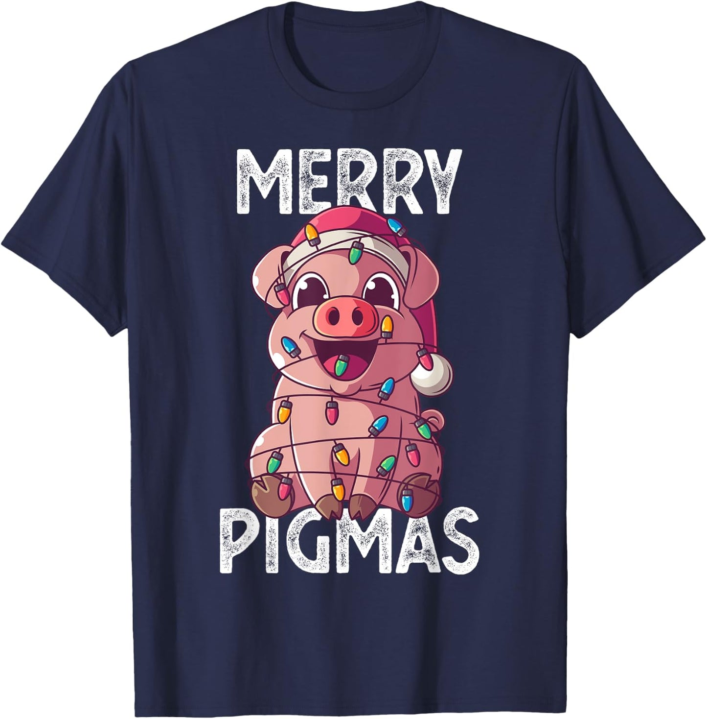 Merry Pigmas Pig Christmas Santa Pig Xmas Lights Farmer Gift T-Shirt - T-Shirt | Navy