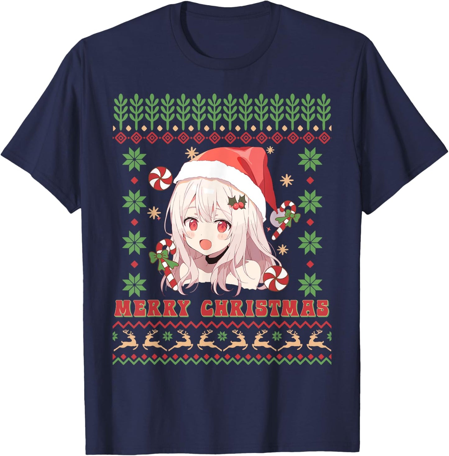 Cute Anime Girl Santa Hat Otaku Ugly Sweater Merry Christmas T-Shirt - T-Shirt | Navy