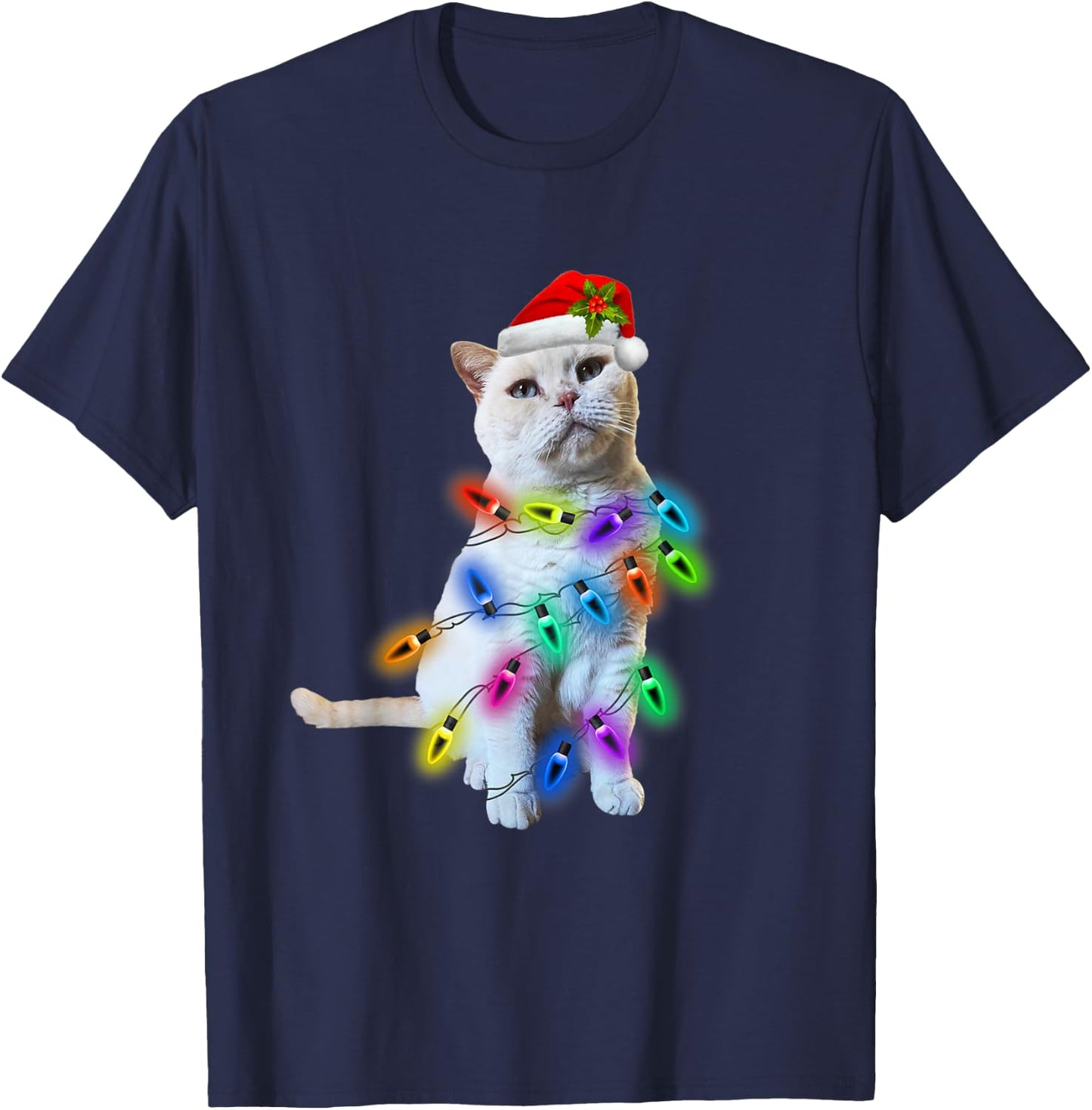 White Cat Christmas light funny cat lover Christmas T-Shirt - T-Shirt | Navy