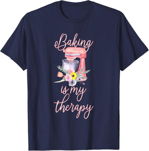 Pretty Floral Baking Is My Therapy Gift T-Shirt - T-Shirt | Navy
