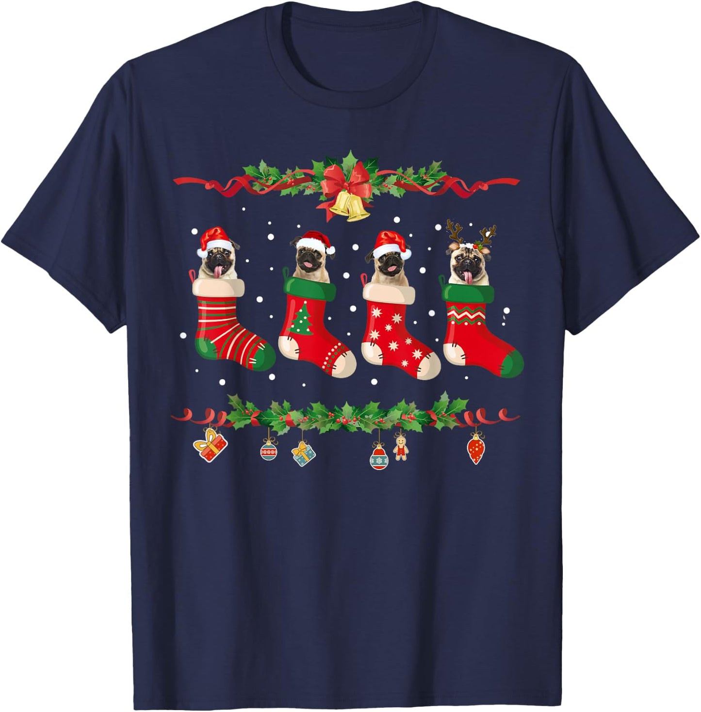 Pug Christmas Shirt Stocking Dog Xmas Sweater T-Shirt - T-Shirt | Navy