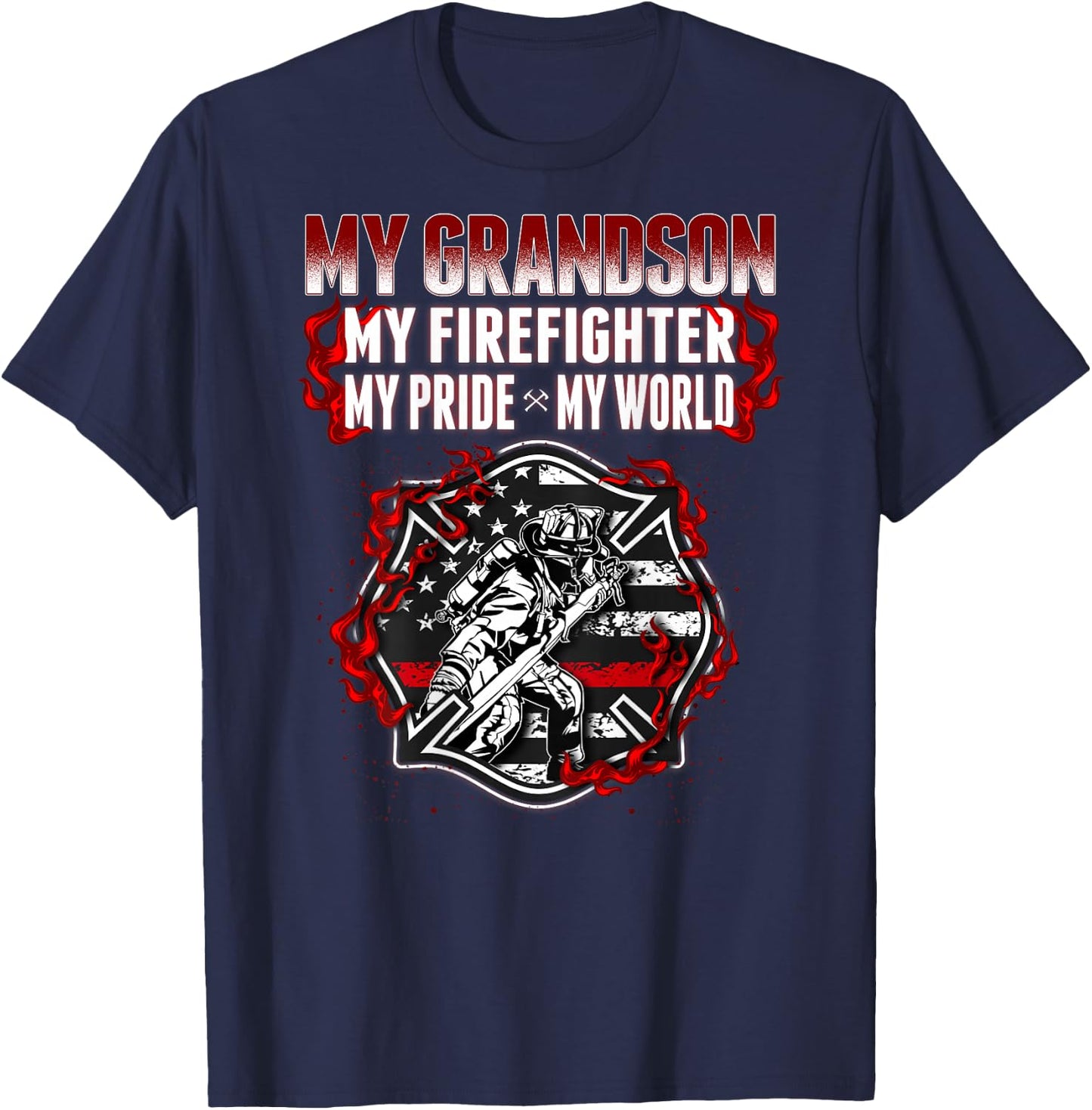 My Grandson Is Firefighter Hero Proud Fire Grandma Grandpa T-Shirt - T-Shirt | Navy