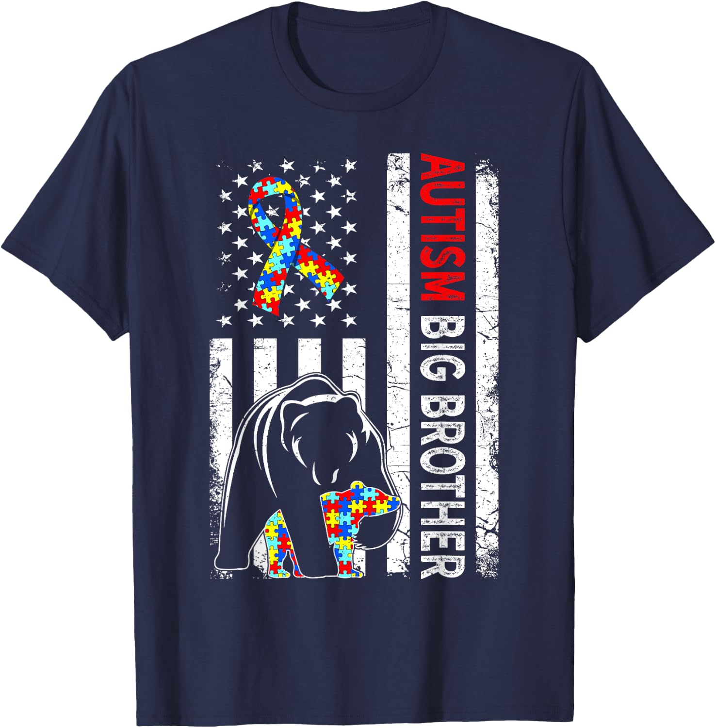 Distressed American Flag Autism Big Brother Bear Awareness Kids Men T-Shirt - T-Shirt | Navy