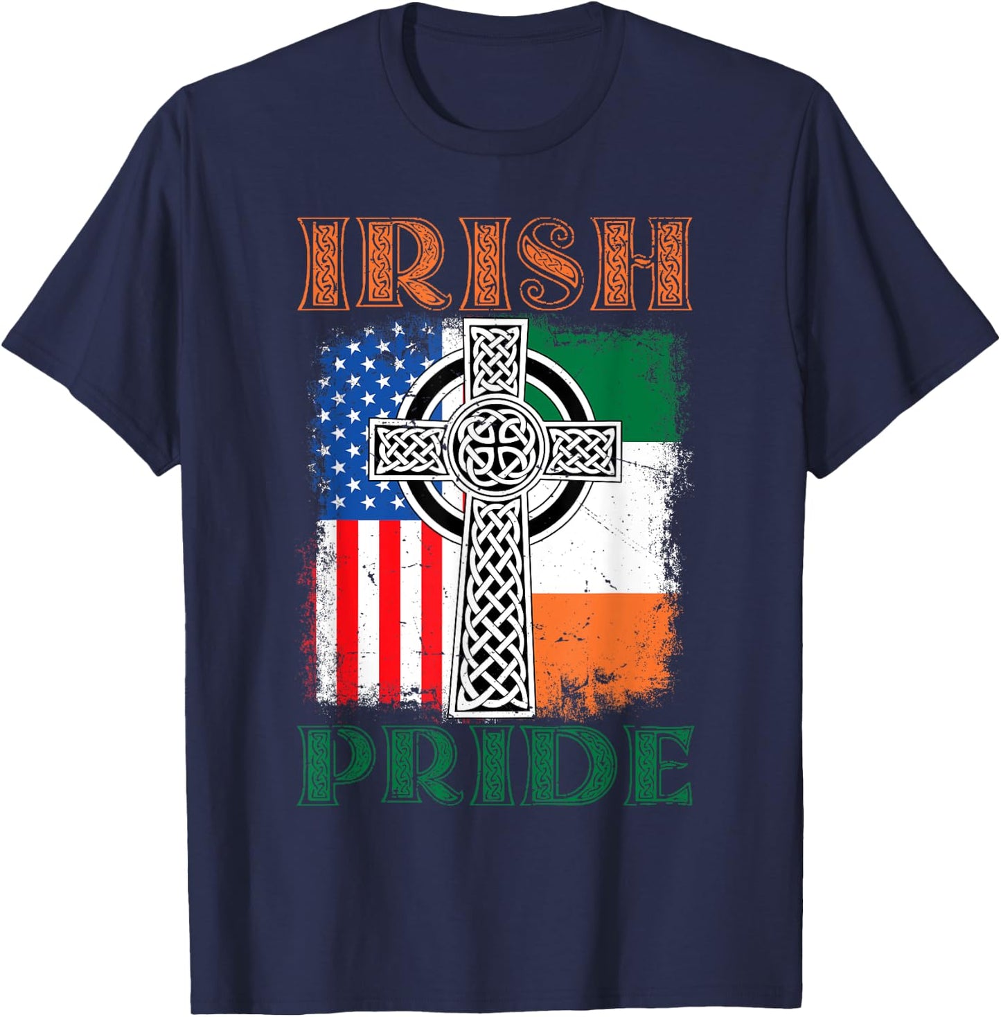 Irish Pride Celtic Cross Ireland & USA Flag St Patricks Day T-Shirt - T-Shirt | Navy