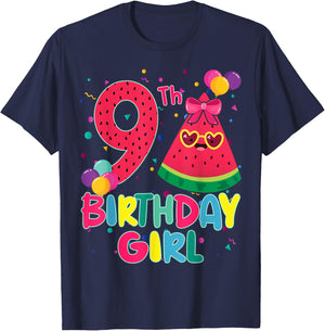 Watermelon 9th Birthday Decorations 9 Year Old B-Day Age T-Shirt - T-Shirt | Navy
