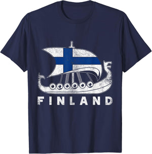 Finnish & Gifts -Adults Black Cotton Viking Themed T-Shirt - T-Shirt | Navy