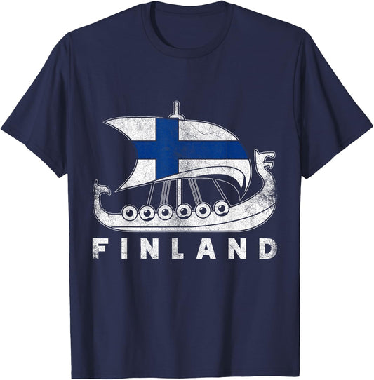Finnish & Gifts -Adults Black Cotton Viking Themed T-Shirt - T-Shirt | Navy