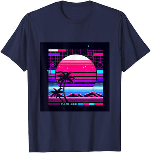 Synthwave Retro Vaporwave Tropical Palm Sunset TV Glitch T-Shirt - T-Shirt | Navy