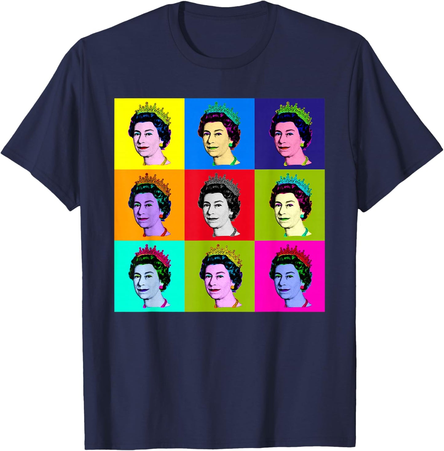 Elizabeth Nine Square Tiles Pop Art Queen of England T-Shirt - T-Shirt | Navy