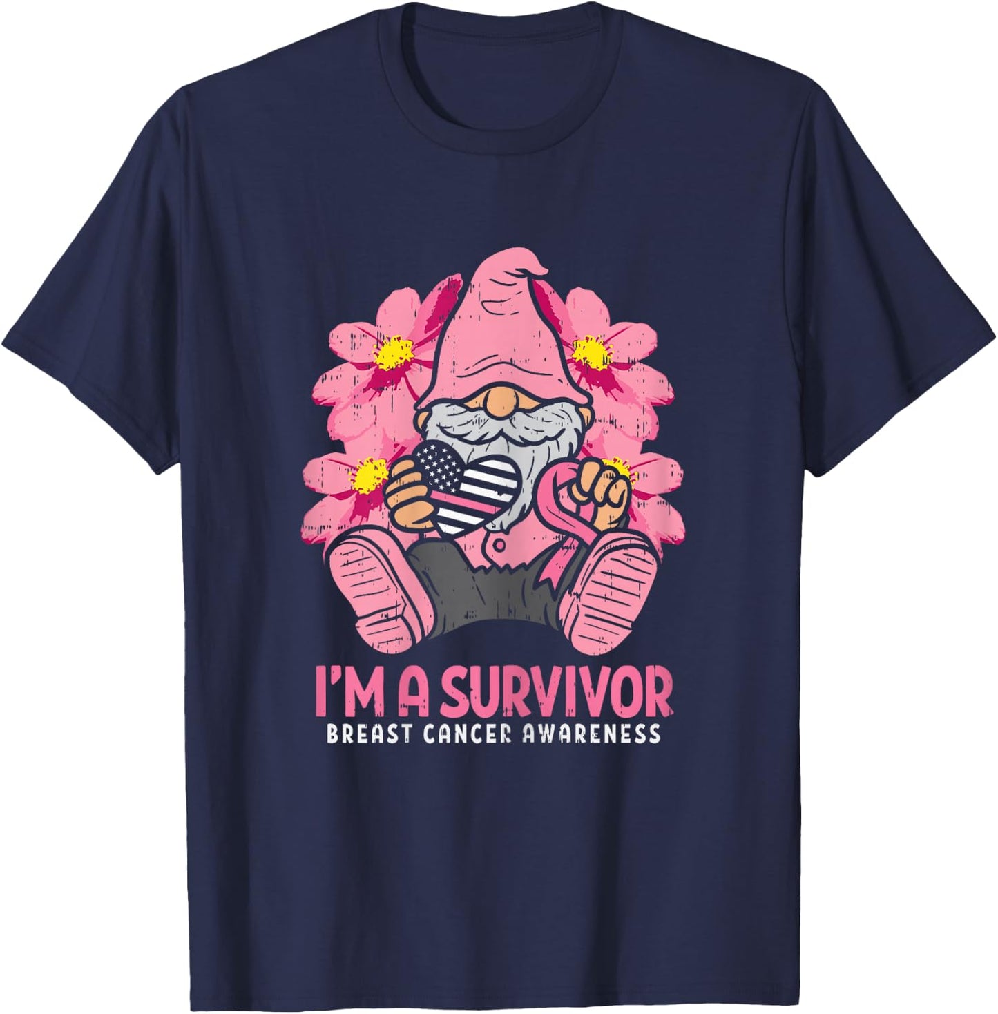 Breast Cancer Survivor Pink Ribbon Gnome US Flag Heart Gift T-Shirt - T-Shirt | Navy