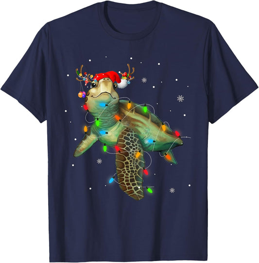 Sea Turtle Christmas Lights Funny Santa Hat Merry Christmas T-Shirt - T-Shirt | Navy