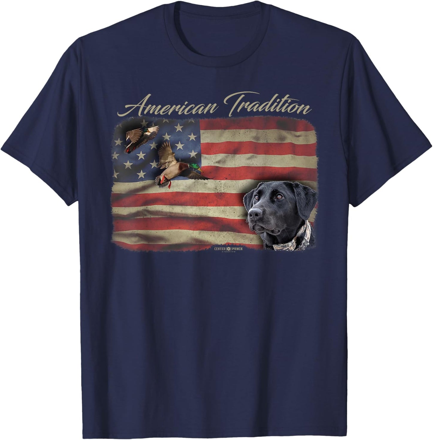American Tradition Waterfowl Duck Hunting Dog Black Lab Flag Men Women Kids T-Shirt - T-Shirt | Navy