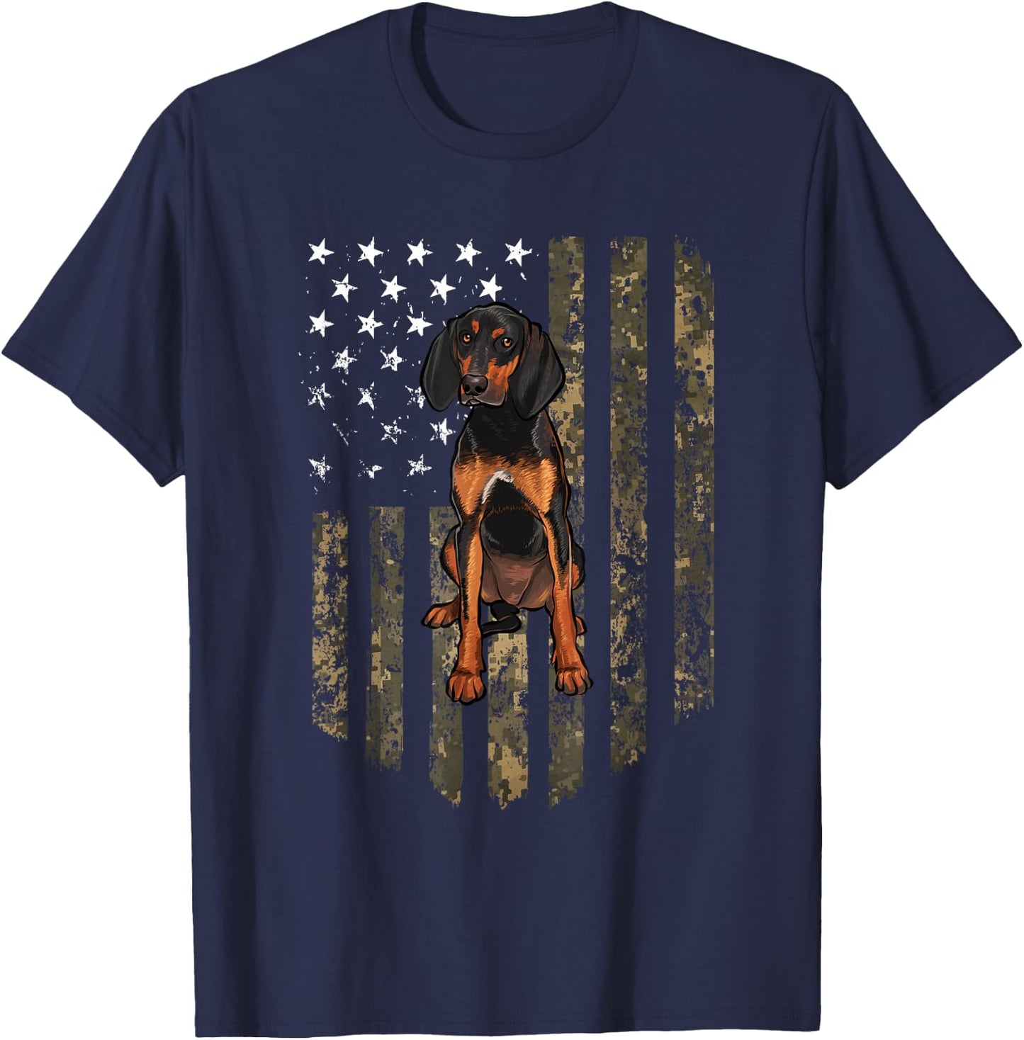 Camo American Flag Black and Tan Coonhound 4th Of July USA T-Shirt - T-Shirt | Navy