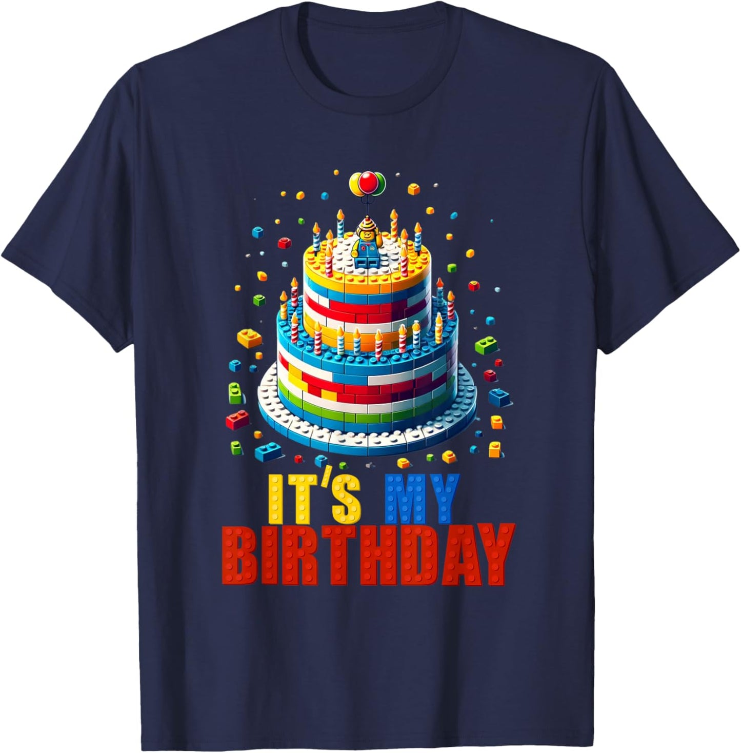 Building Bricks Cake It's My Birthday Boys Girls Build T-Shirt - T-Shirt | Navy